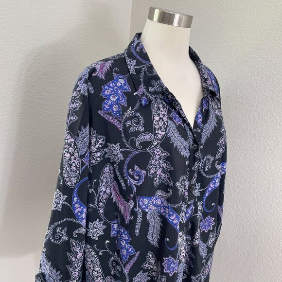 Catherines Womens Plus 3X Blouse Purple Black Floral Roll Tab Sleeve Shirt Top - Picture 2 of 11